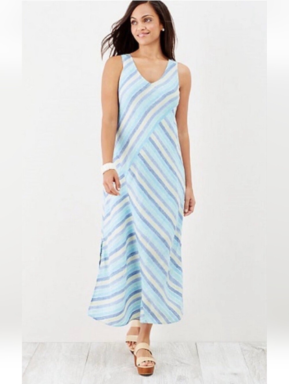 J.Jill 100% Linen Striped Maxi Dress Size Medium Beachy Lined Summer Coastal
